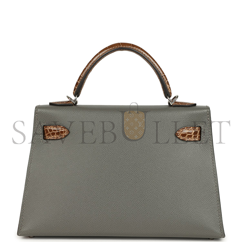 H**mes MASTER MINI KELLY SELLIER GRIS MEYER MADAME AND FICELLE SHINY ALLIGATOR TOUCH PALLADIUM HARDWARE (19*12*5.5cm)